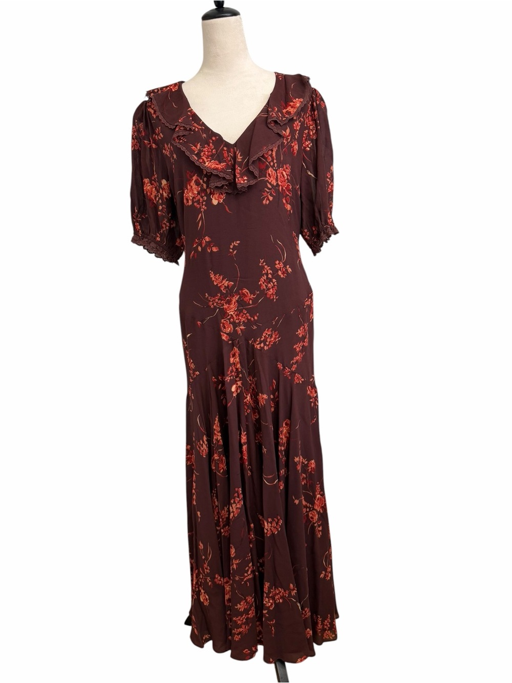 Reformation Evra Lace Georgette Burgundy Maxi Dress with Rust Floral Print - Picture 7 of 13